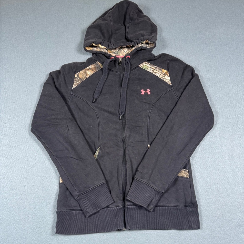 Under Armour Full Zip Hoodie Womens Large Black Realtree Camo Pink Logo Storm L